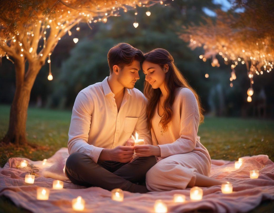 A serene sunset setting with a couple sitting on a blanket, surrounded by twinkling fairy lights and candles. The scene captures them sharing a heartfelt moment, with heartfelt symbols like a love letter and a heart-shaped object nearby. Soft pastel colors fill the sky, enhancing the romantic atmosphere. A subtle breeze rustles the leaves, adding to the intimacy of the moment. dreamy, warm colors. soft focus.