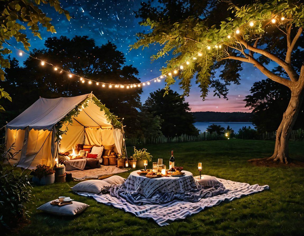 A romantic outdoor scene featuring a candlelit picnic under a starlit sky, surrounded by lush greenery. Include a cozy blanket, gourmet snacks, and two wine glasses, with fairy lights twinkling in the background. A couple can be seen enjoying each other’s company, radiating love and warmth. Artistic touch with a dreamy atmosphere. super-realistic. vibrant colors. night setting.