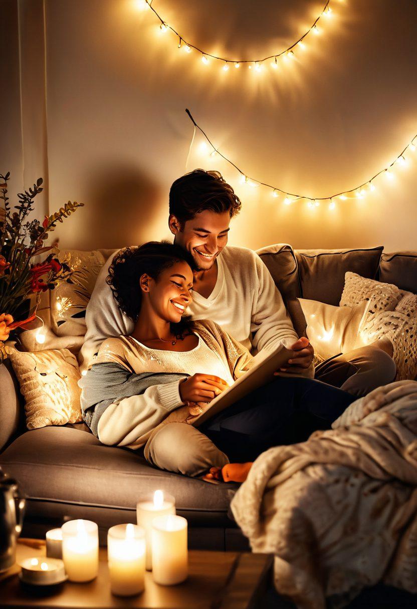 A cozy, warmly lit living room scene featuring a couple cuddling on a sofa, surrounded by soft pillows and blankets, with candles and fairy lights creating a romantic atmosphere. Show a table with a heartfelt handwritten love letter and a small bouquet of flowers. Incorporate elements of laughter and connection, such as shared smiles or playful gestures. capturing the essence of love and intimacy. super-realistic. warm colors. soft focus.